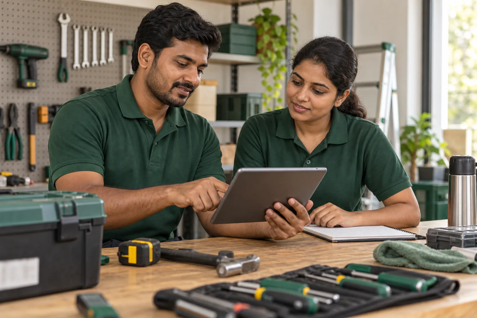 Home-service professionals reviewing a job checklist together